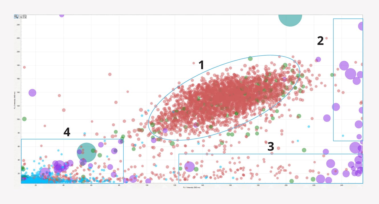 The Aura CL and particle view software produce scatter plots for the identification of cells and contaminants.