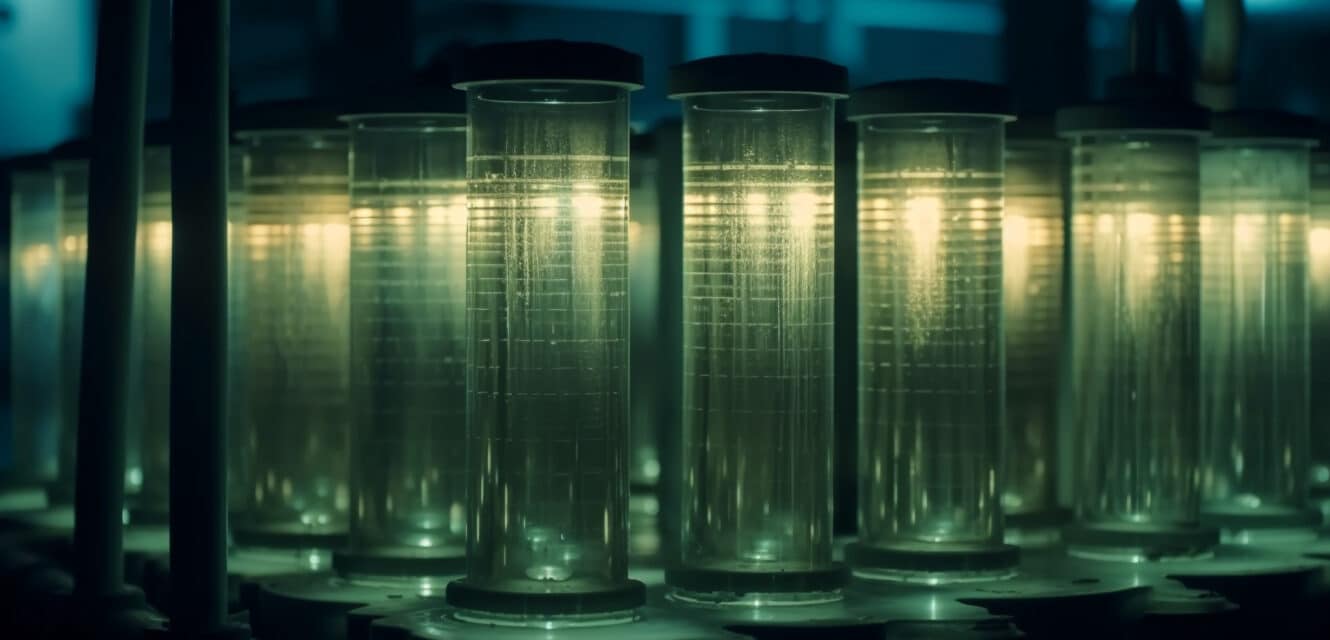 Scientists performing particle size distribution analysis in transparent chemical material in laboratory tube