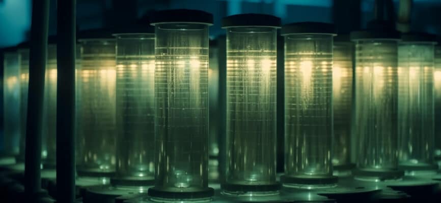 Scientists performing particle size distribution analysis in transparent chemical material in laboratory tube