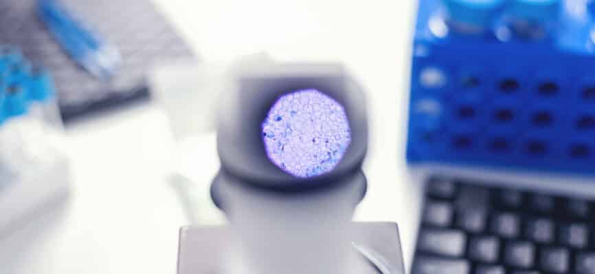 close up view cells through microscope modern medicine laboratory